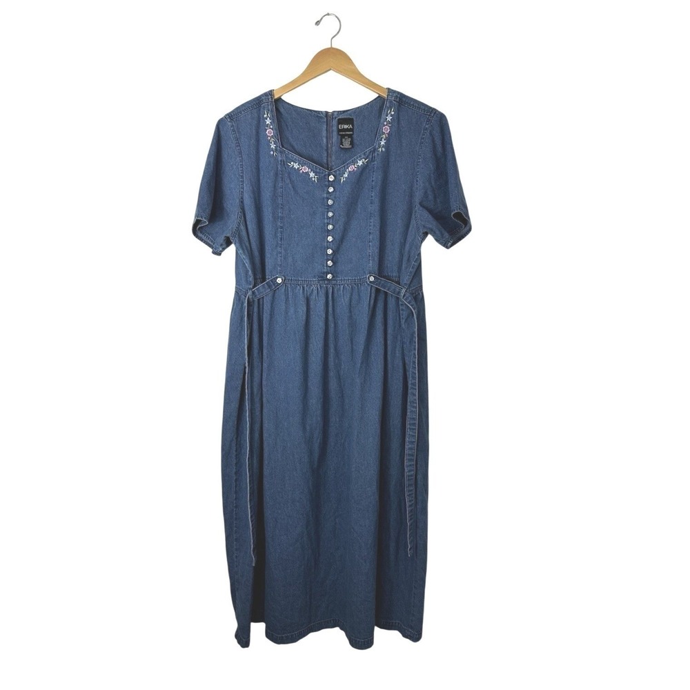 Vintage Erika Floral Denim Maxi Dress Womens 2X Modest Prairie Farm Cottagecore